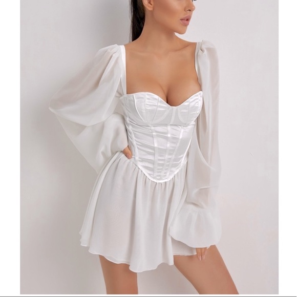 Chiffon Bubble Sleeve Bustier Corset Mini Dress - Picture 3 of 11
